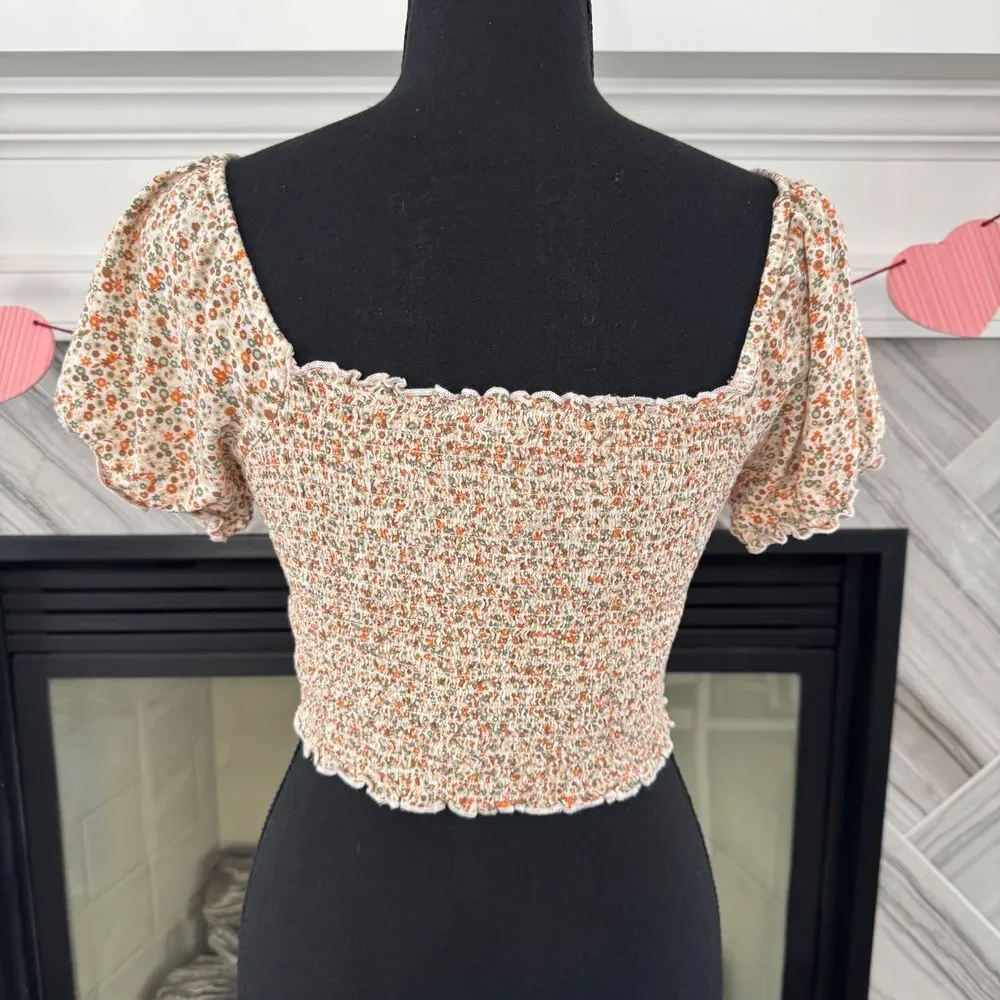 Aerie Floral Smocked Crop Top Square‎ Neck Puff Sleeve Small - Picture 2 of 3